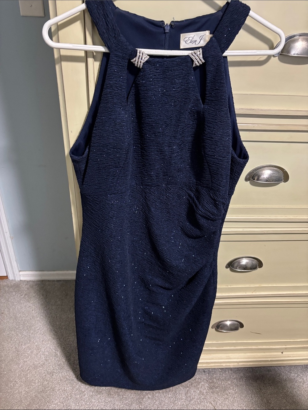Eliza J Navy Sparkle Halter Sheath Midi Dress